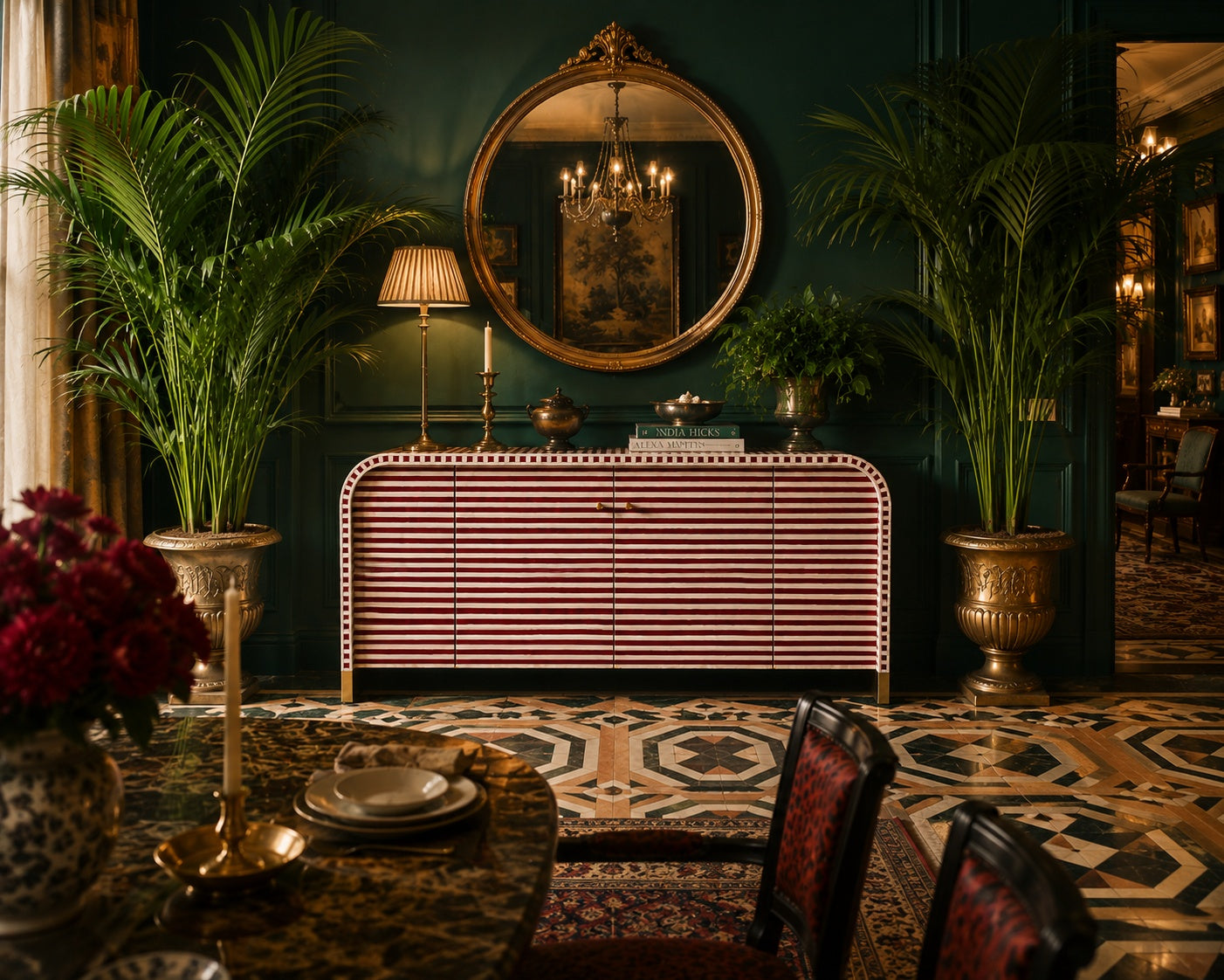 Bone Inlay Sideboard | Striped Arch Credenza with Brass Feet