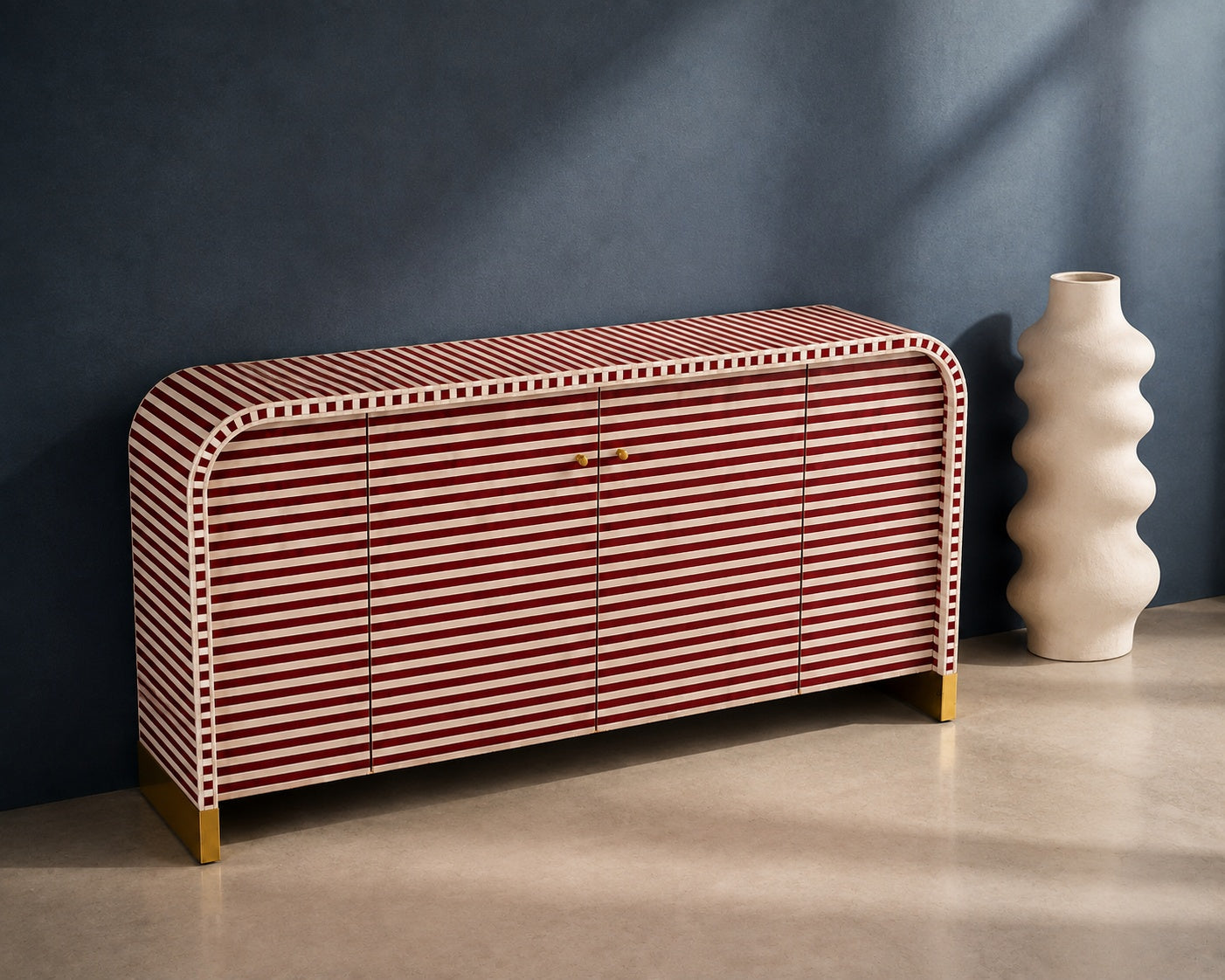 Bone Inlay Sideboard | Striped Arch Credenza with Brass Feet