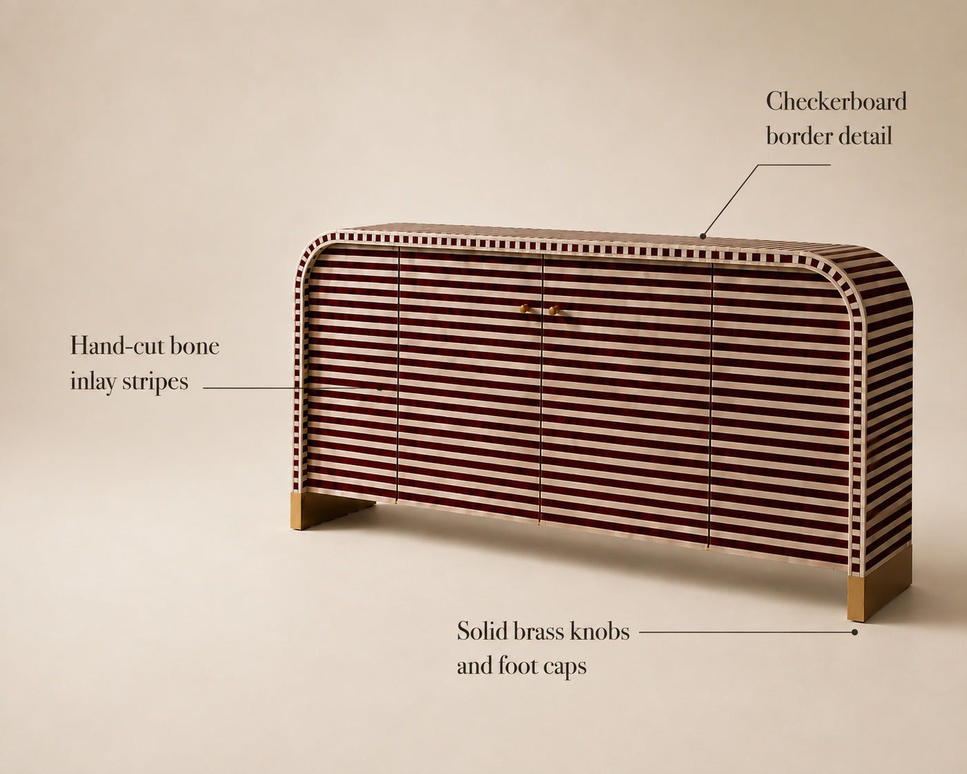Bone Inlay Sideboard | Striped Arch Credenza with Brass Feet