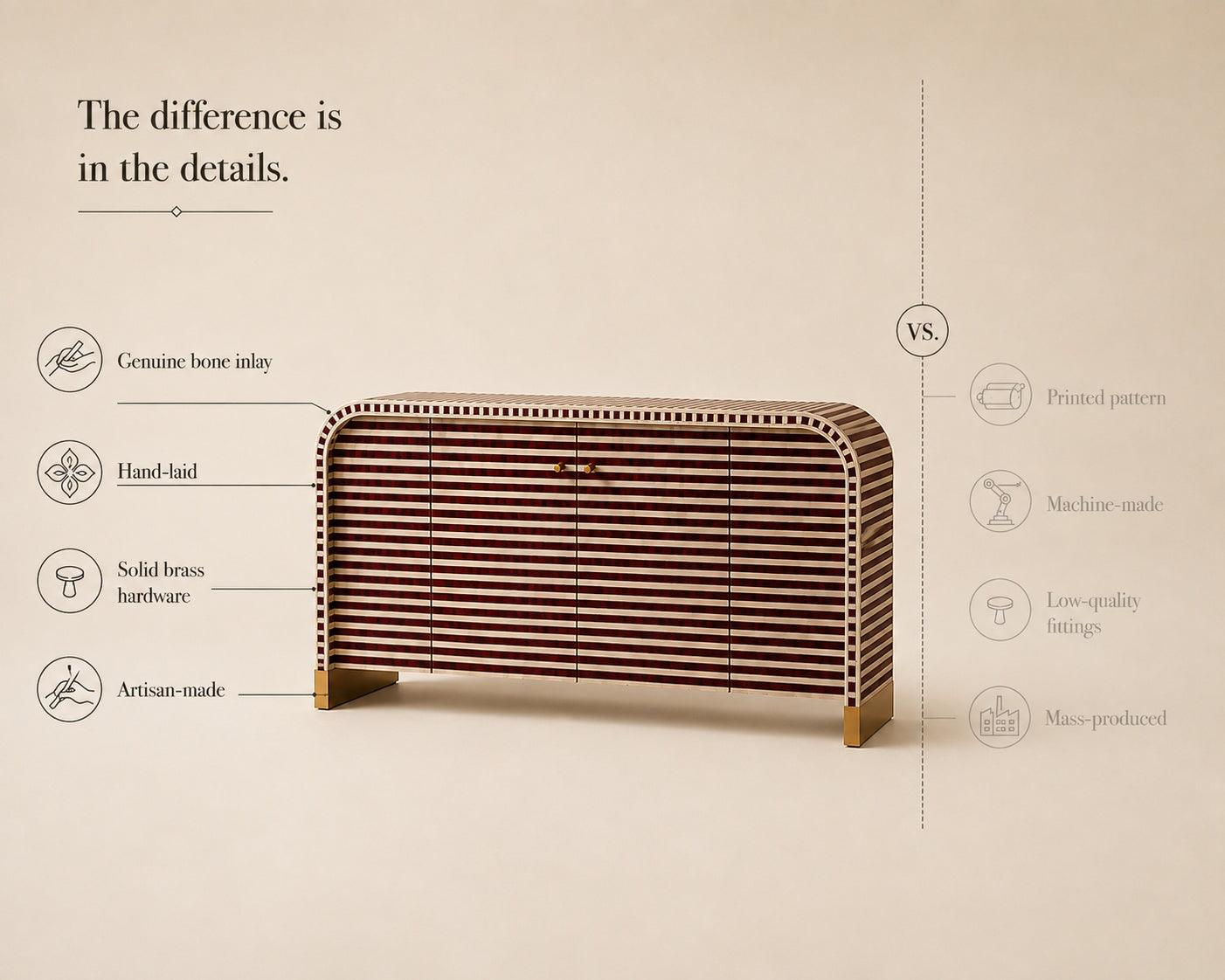 Bone Inlay Sideboard | Striped Arch Credenza with Brass Feet