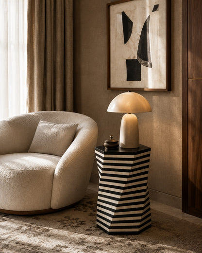 Black & White Bone Inlay Side Table | Striped Hexagonal End Table
