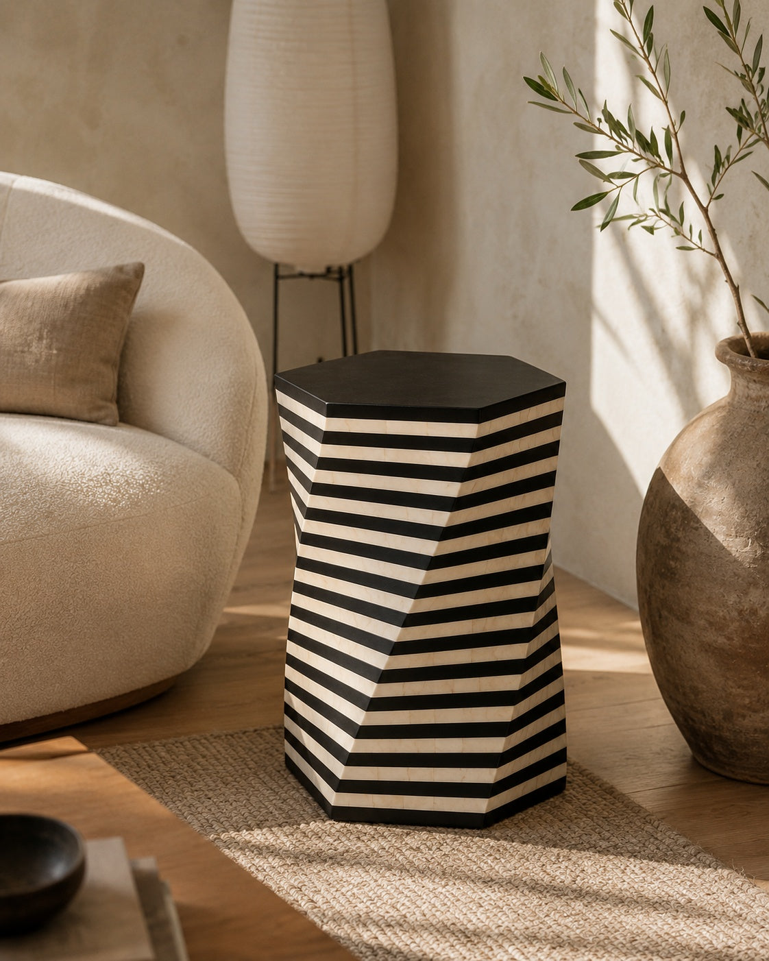 Black & White Bone Inlay Side Table | Striped Hexagonal End Table
