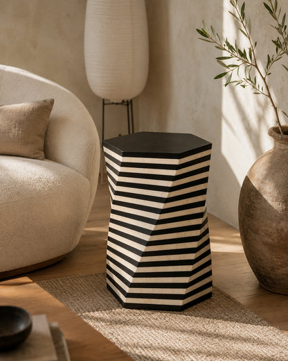 Black & White Bone Inlay Side Table | Striped Hexagonal End Table
