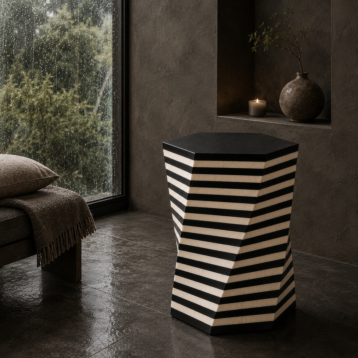 Black & White Bone Inlay Side Table | Striped Hexagonal End Table