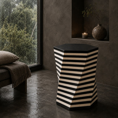 Black & White Bone Inlay Side Table | Striped Hexagonal End Table