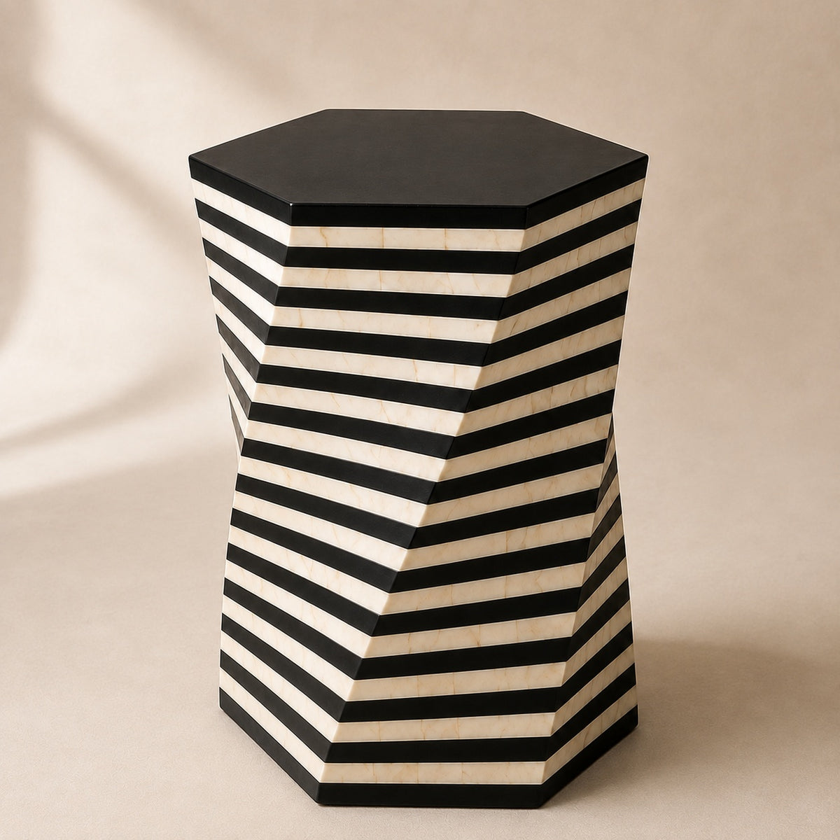 Black & White Bone Inlay Side Table | Striped Hexagonal End Table