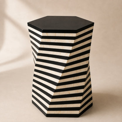Black & White Bone Inlay Side Table | Striped Hexagonal End Table