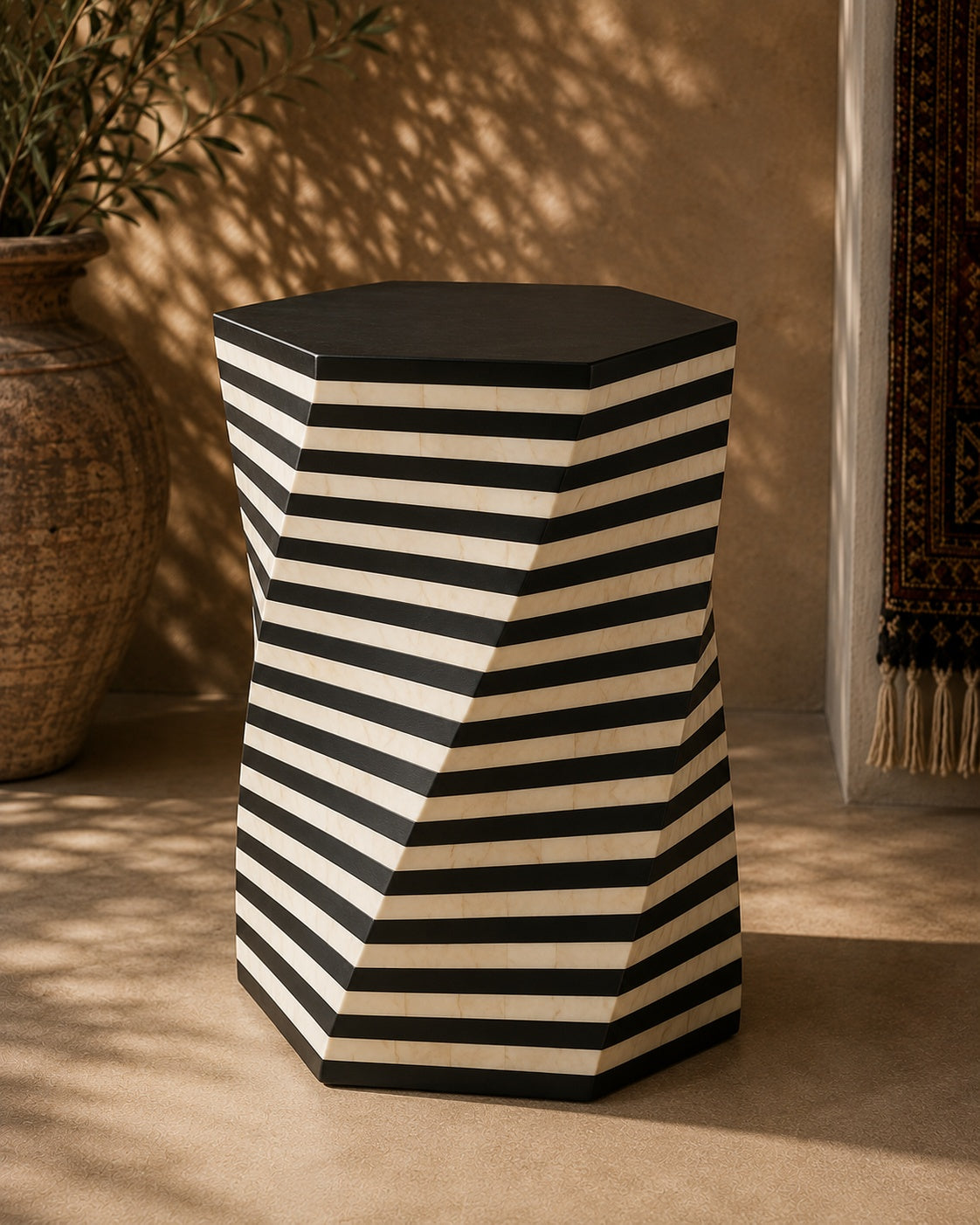 Black & White Bone Inlay Side Table | Striped Hexagonal End Table