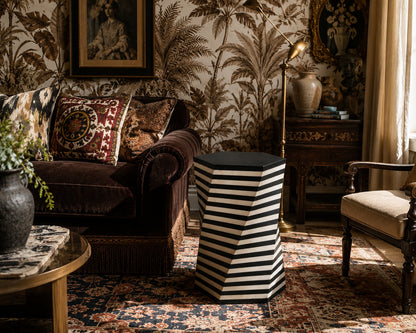 Black & White Bone Inlay Side Table | Striped Hexagonal End Table