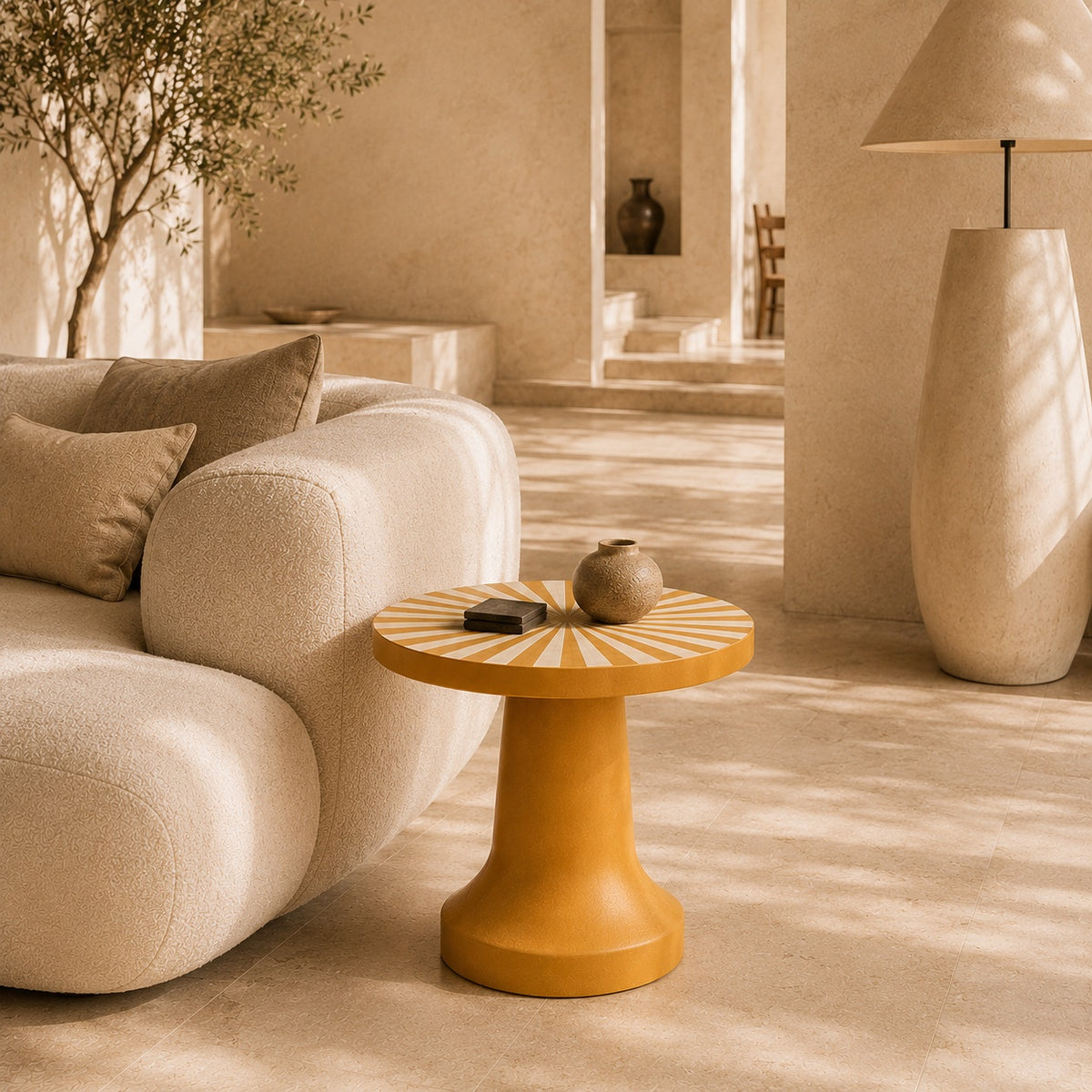 Handmade Mustard Yellow Bone Inlay Side Table | Sunburst Pedestal Accent Table