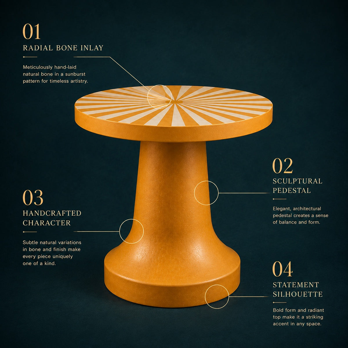 Handmade Mustard Yellow Bone Inlay Side Table | Sunburst Pedestal Accent Table