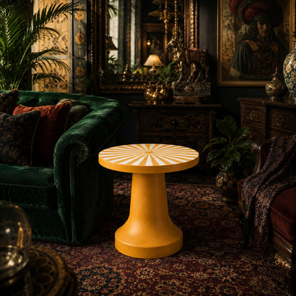 Handmade Mustard Yellow Bone Inlay Side Table | Sunburst Pedestal Accent Table