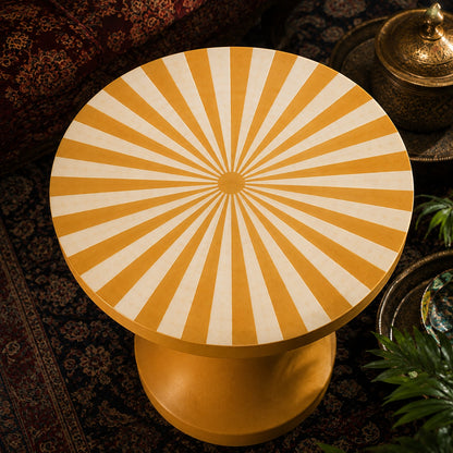 Handmade Mustard Yellow Bone Inlay Side Table | Sunburst Pedestal Accent Table