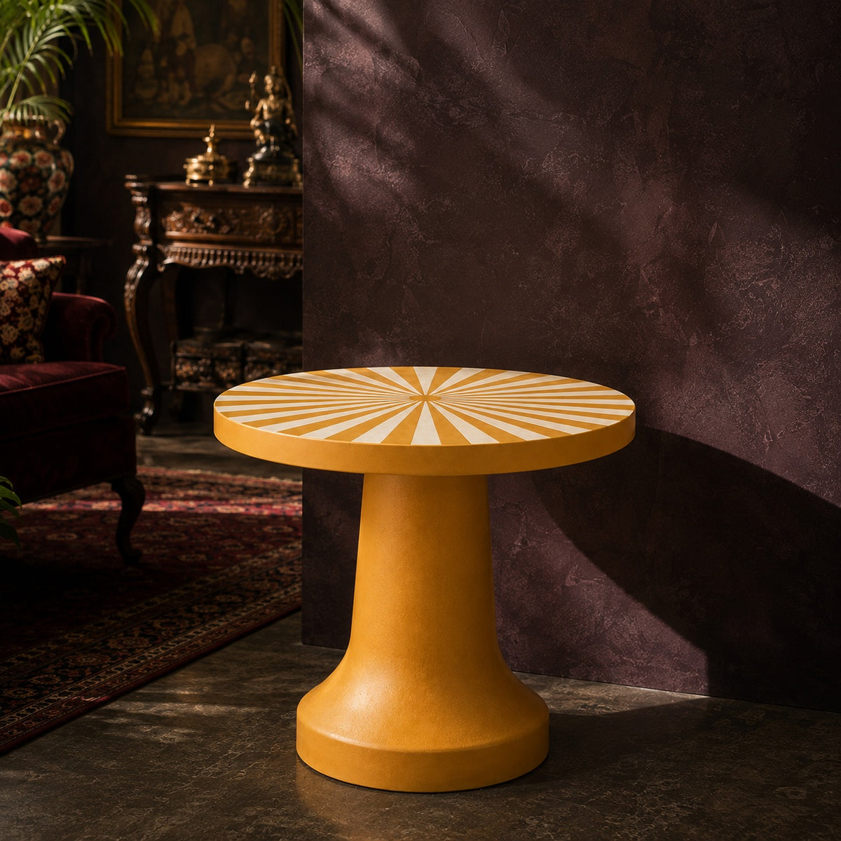 Handmade Mustard Yellow Bone Inlay Side Table | Sunburst Pedestal Accent Table