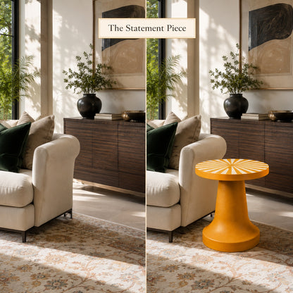 Handmade Mustard Yellow Bone Inlay Side Table | Sunburst Pedestal Accent Table