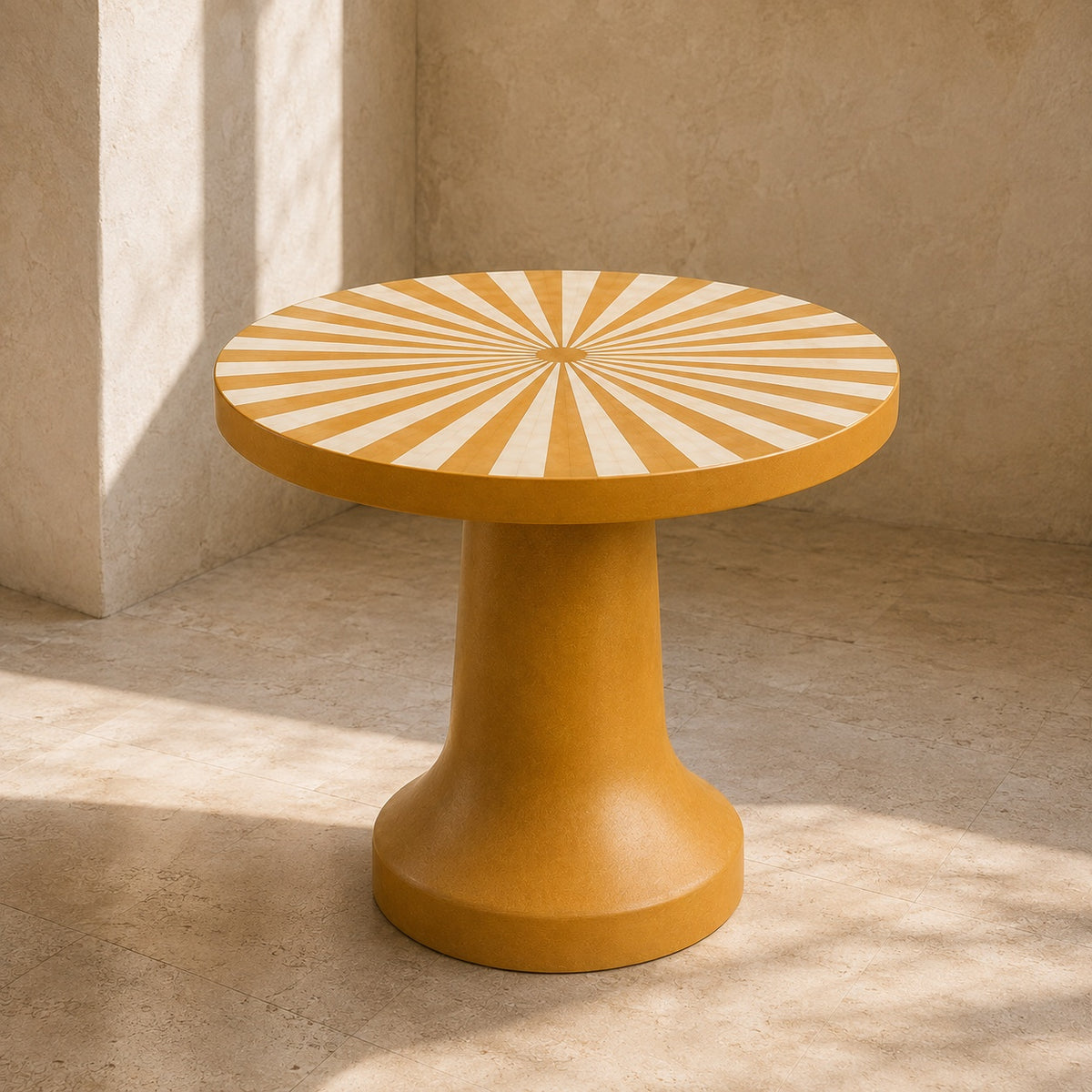 Handmade Mustard Yellow Bone Inlay Side Table | Sunburst Pedestal Accent Table