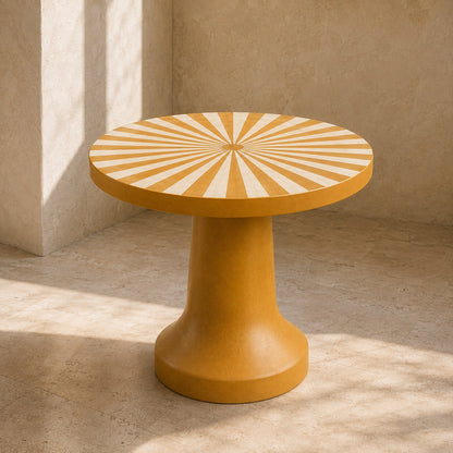 Handmade Mustard Yellow Bone Inlay Side Table | Sunburst Pedestal Accent Table