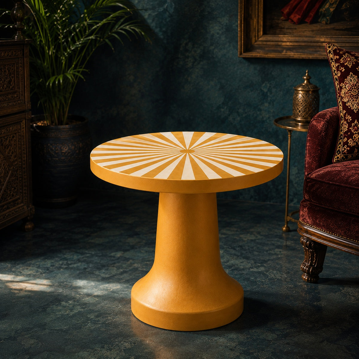 Handmade Mustard Yellow Bone Inlay Side Table | Sunburst Pedestal Accent Table
