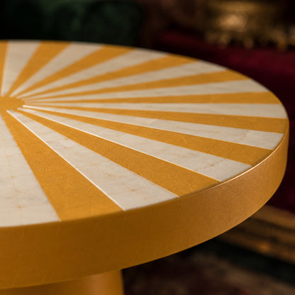 Handmade Mustard Yellow Bone Inlay Side Table | Sunburst Pedestal Accent Table