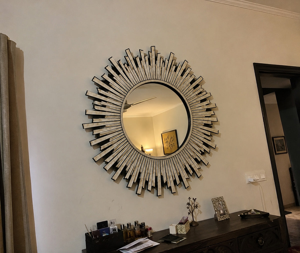 Sunburst Bone Inlay Wall Mirror | Round Wood & Bone Starburst
