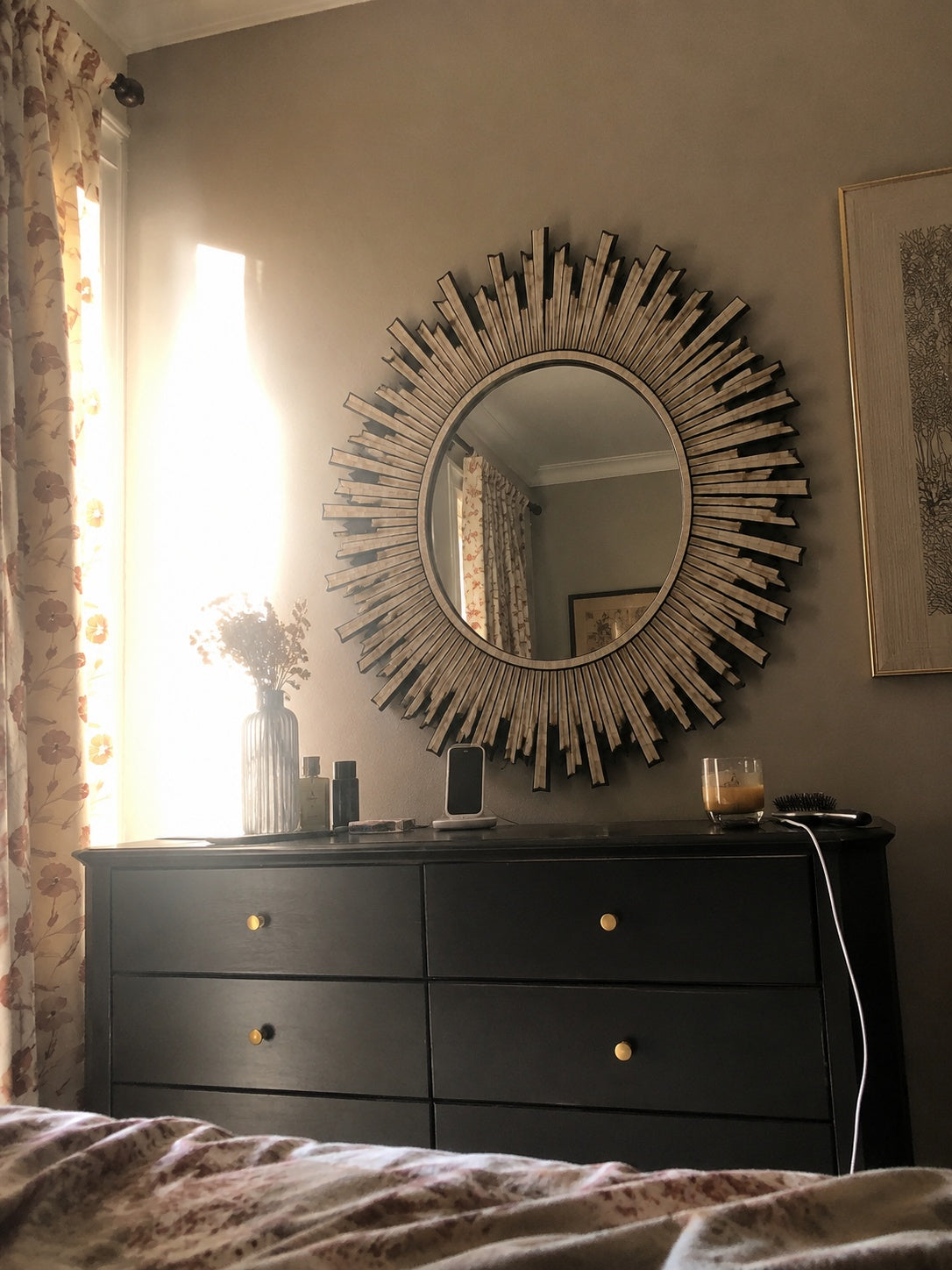 Sunburst Bone Inlay Wall Mirror | Round Wood & Bone Starburst