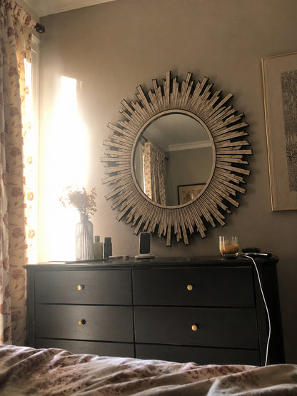 Sunburst Bone Inlay Wall Mirror | Round Wood & Bone Starburst