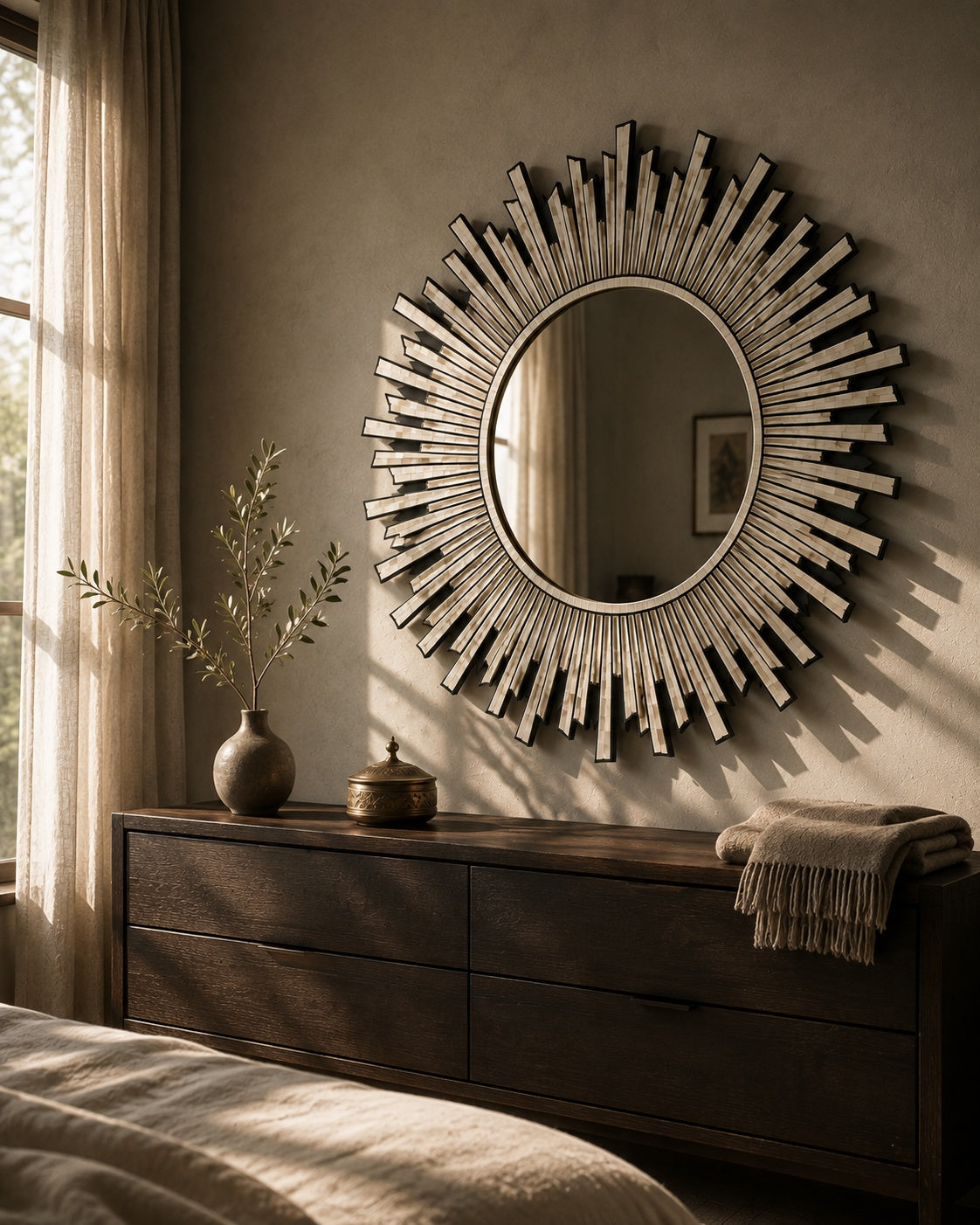 Sunburst Bone Inlay Wall Mirror | Round Wood & Bone Starburst