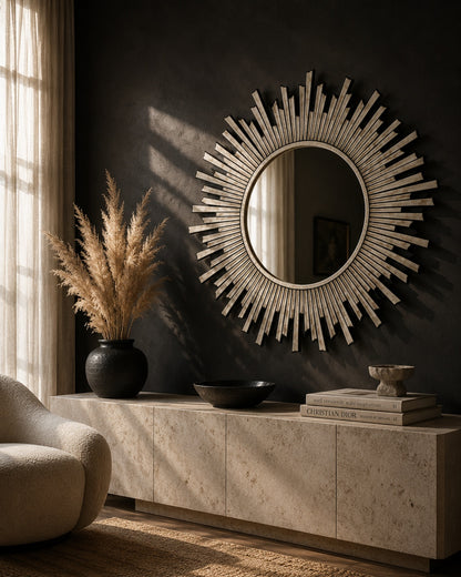 Sunburst Bone Inlay Wall Mirror | Round Wood & Bone Starburst