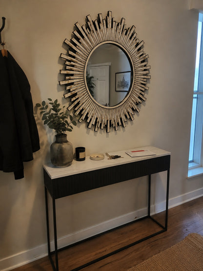 Sunburst Bone Inlay Wall Mirror | Round Wood & Bone Starburst