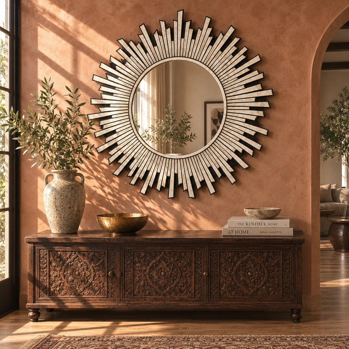 Sunburst Bone Inlay Wall Mirror | Round Wood & Bone Starburst