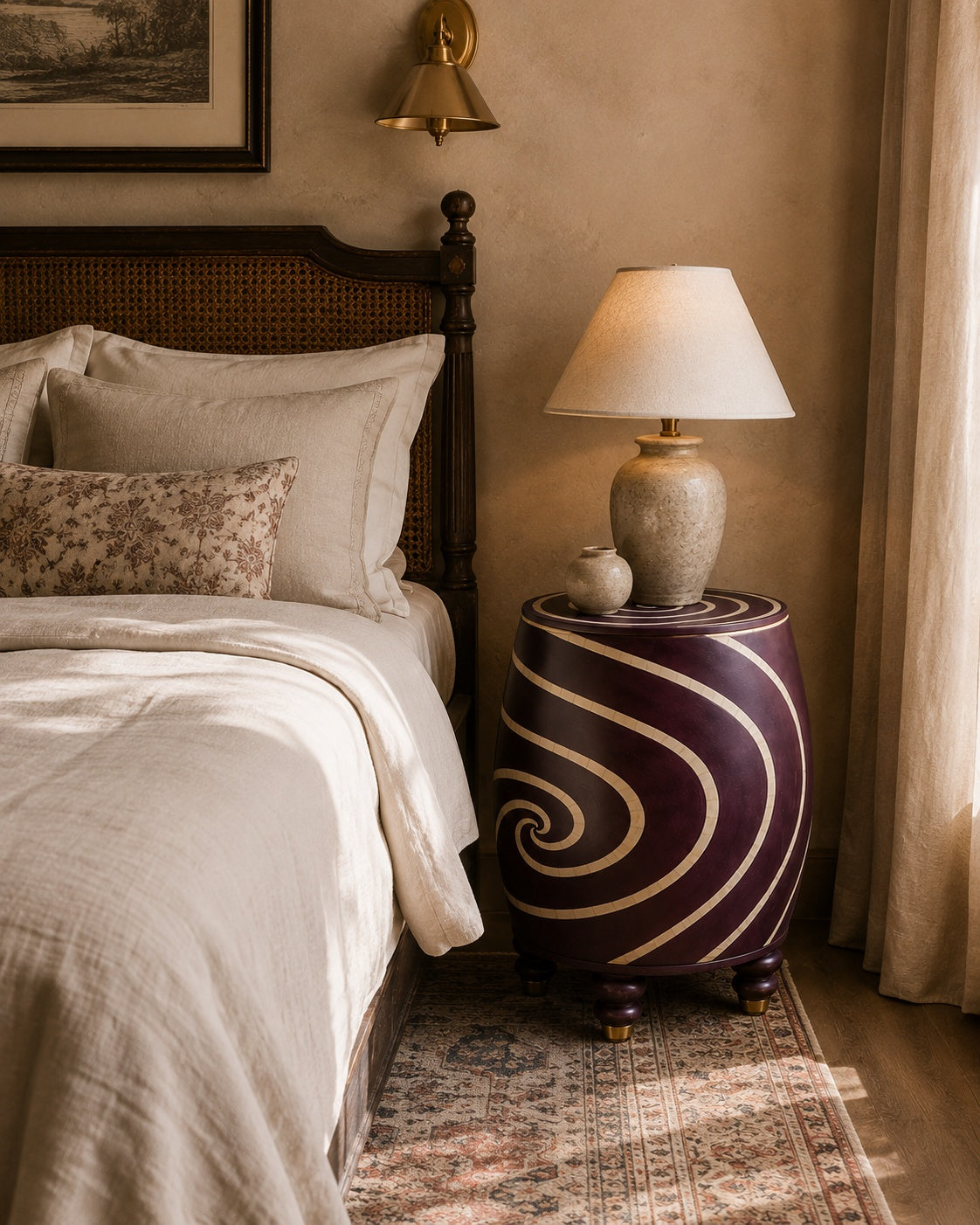 Plum Purple Bone Inlay Side Table | Swirl Drum Accent Table