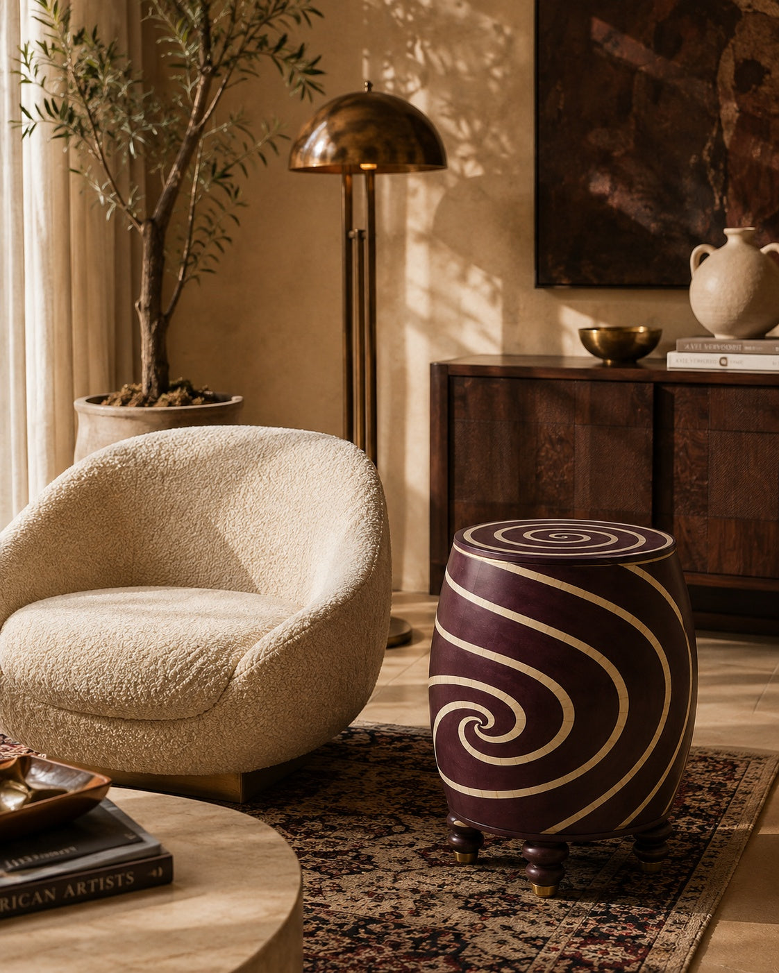 Plum Purple Bone Inlay Side Table | Swirl Drum Accent Table
