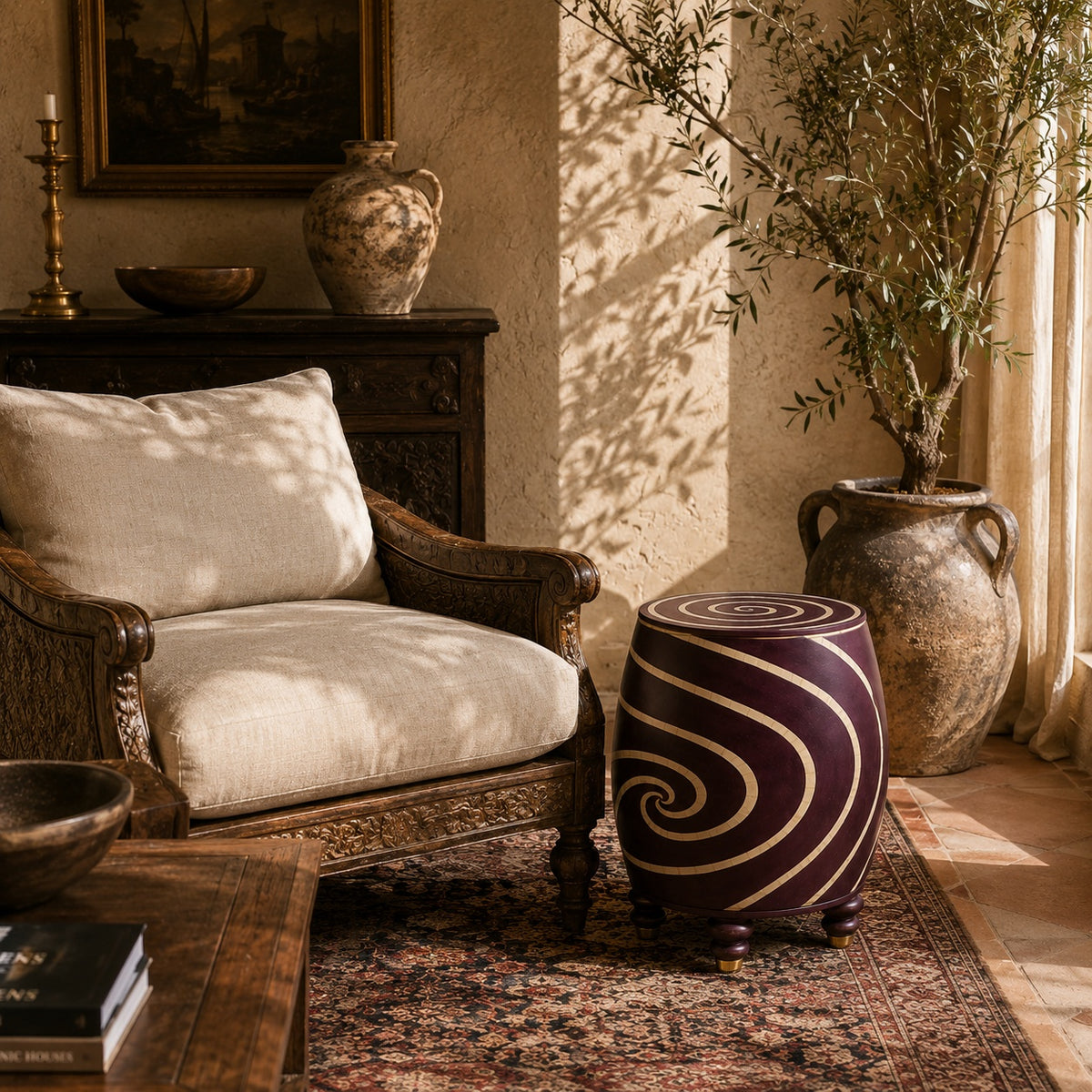 Plum Purple Bone Inlay Side Table | Swirl Drum Accent Table