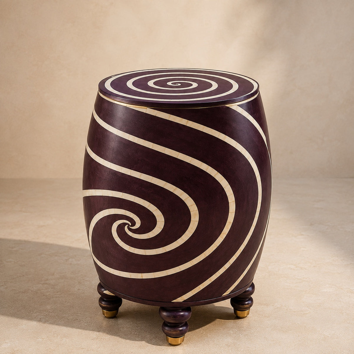 Plum Purple Bone Inlay Side Table | Swirl Drum Accent Table